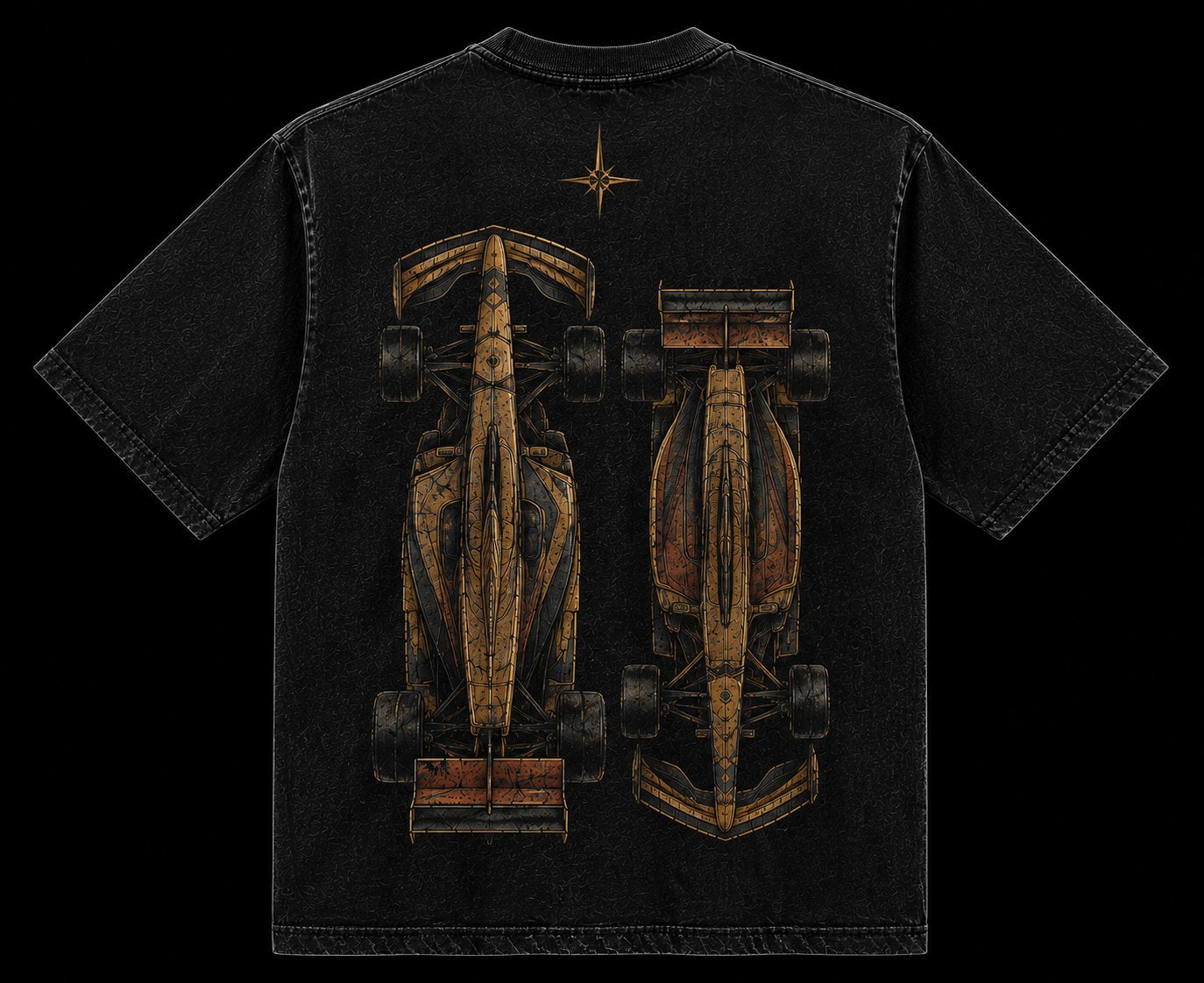Drop 001 tee — back, twin machines in gold